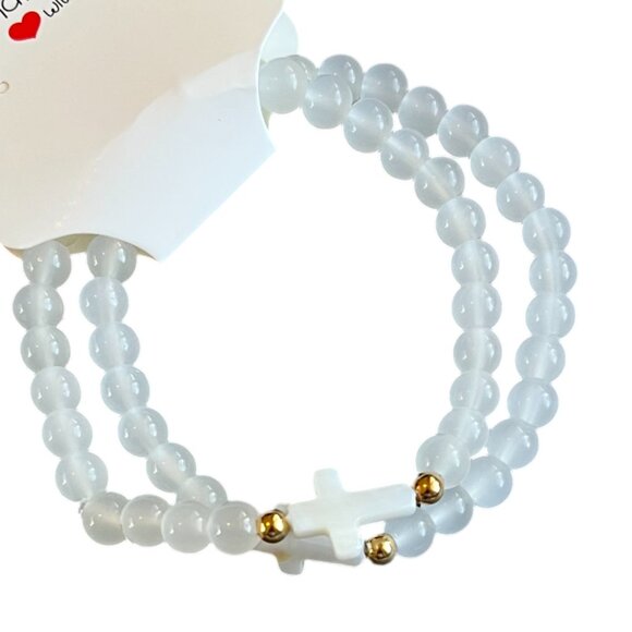 Charmze Stackable Stretch Bracelet Set Faith Glass White Beaded NEW - Picture 2 of 2